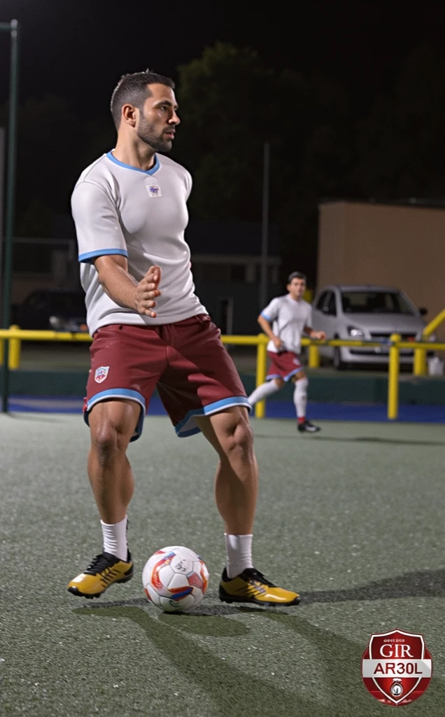 Latin man with blue tail and beard running after soccer ball