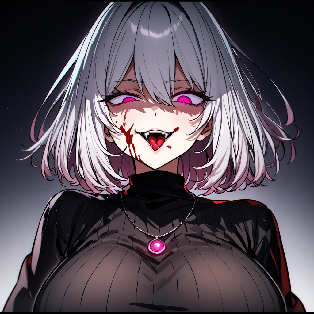 (masterpiece)、(absurdres)、(ultra detailed),Crazy Eyes、despair、Dark Side、closed mouth,Blood droplets、darkness,Blood pool space、Blood dripping background:1.3、solo lady、 Cream colored hair、shortcut hair、shiny pink eyes、big breast:0.8、(wizard white dress)、BREAK、(yellow hairpin)、BREAK、smile,Eyes Wide Open、open eyes,open mouth,from front,upper body shot,