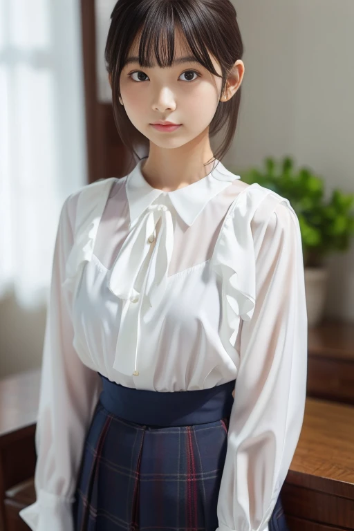 (upper body) , masterpiece , top quality , very detailed , 1 person, (contrasting eyes) , standing , blouse, skirt , bangs , room , indoor