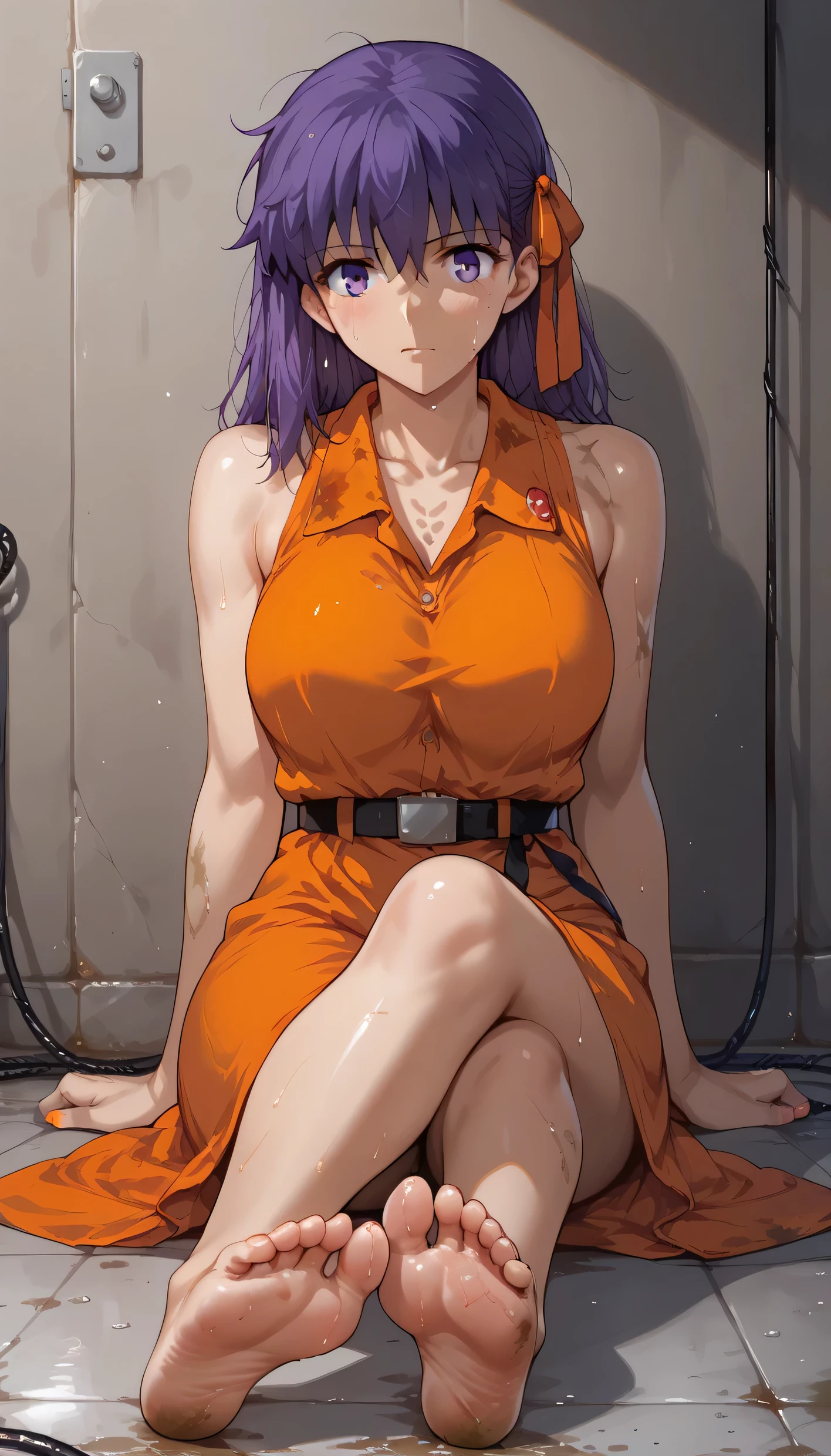 Sakura Matou, fate stay night: heaven's feel, a girl with. white skin, voluptuous body, beautiful body, purple hair (long, loose, and messy hair), purple eyes, (((wearing a short, sleeveless, maximum security inmate orange dress with the ID number: inmate: M13195 engraved on the chest))), ((maximum security prison recreation yard with large walls with barbed wire and watchtowers in a dirty and old state, and with an unpaved floor))), (((sitting on the floor facing forward with her legs stretched forward, raised and apart, focusing on her feet and the soles and toes))), (full body), (barefoot), (resigned mood), (tense and hot atmosphere), sunny day, (heat), ((dirty)), ((sweating)), (gloomy and depressing place)