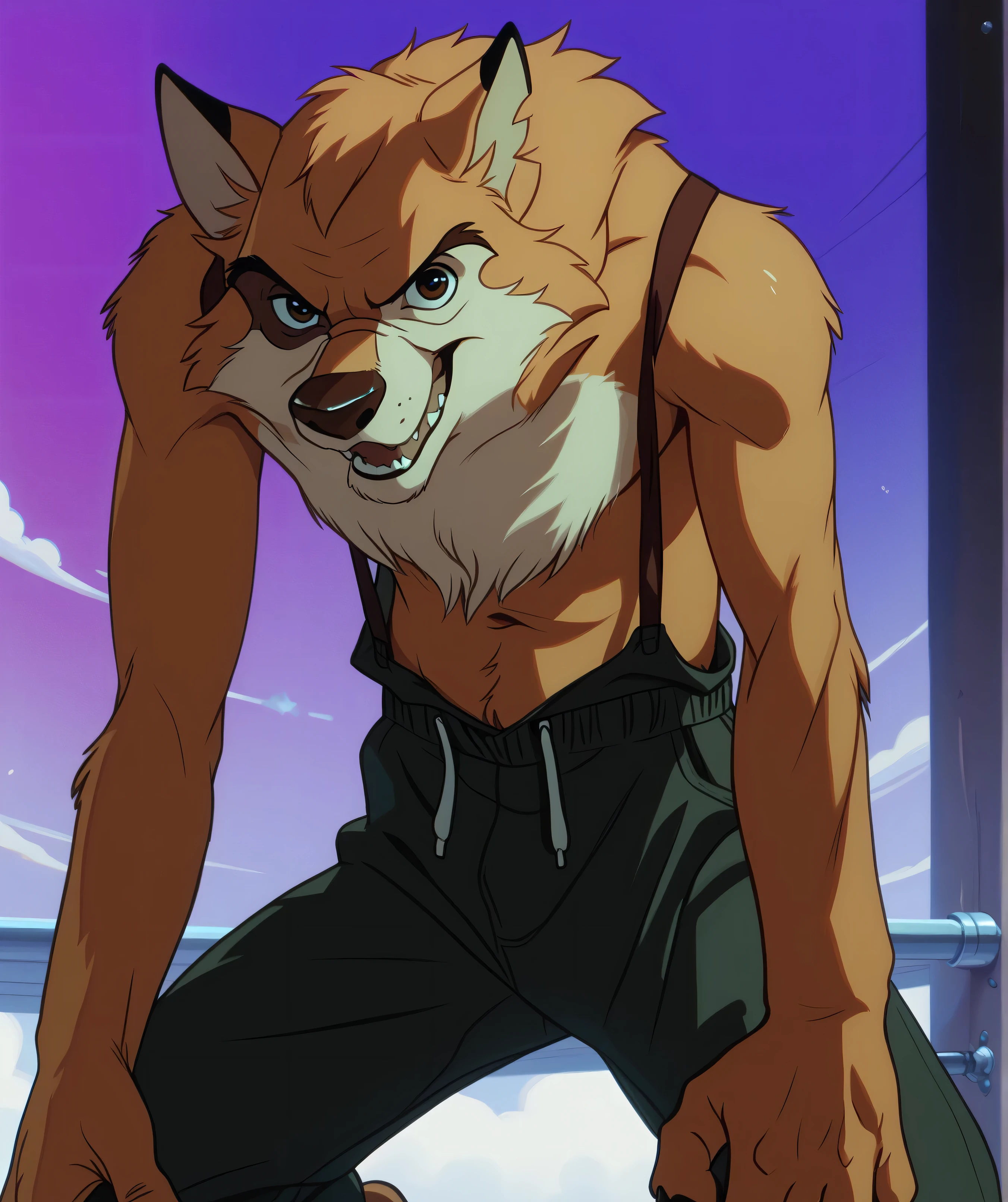 Kaltag pny, alaskan malamute, solo, detailed, detailed face, detailed eyes, anthro body, male, adult, very muscular:1.1, cartoon shading, cel shaded:1.0, flat colors, shirtless, wfa style, negger style, cartoony anatomy, above waist, looking at viewer, arms crossed, countryside background:1.1