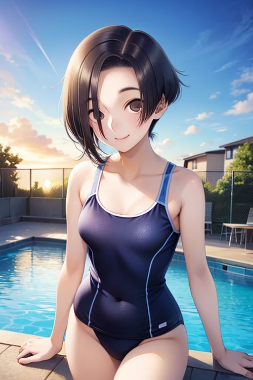 1人の女性、3d anime、kawaii、18year old、Lustrous hair、Bob Hair、Random Poses、Random attire、Being at sea、wearing a swimming wear、Wearing a school swimsuit、Laughing、Getting into the school pool、Swimming Lessons、