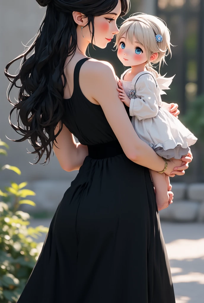 see through clothes(Full body female love:1.3)，best quality, masterpiece, ultra high resolution, (lifelike:1.4), original photo, 1 female,30 years old， black hair, big eyes, Detailed eyes and face,huge breasts，split，long legs，Belted robe open ，bare shoulder，no underwear:1.5,see through clothes，Hollow material white clothes，kitchen:1.3，Smile、sleeveless costume、((Maid clothes))、((She is carrying her 10 years old daughter))、Extremely revealing clothing、A young but sexually attractive girl