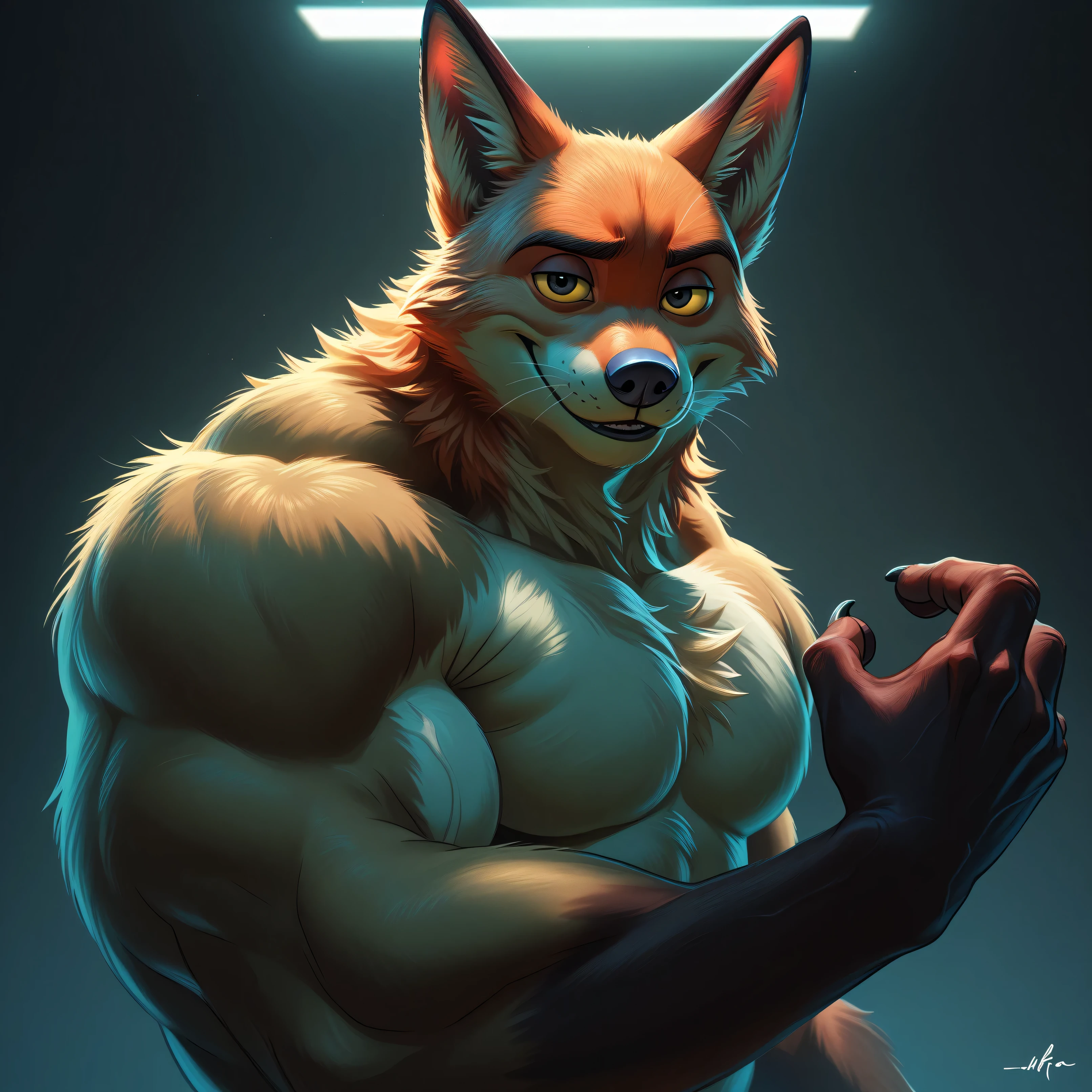 NickWilde fox brown eyes, yellow sclera, solo, detailed, detailed face, black eyes, anthro body, male, adult, muscular, cartoon shading, cel shaded:1.0, flat colors, (no background, white background):1.5, shirtless, wfa style, negger style, cartoony anatomy, above waist, looking at viewer, posing, smile