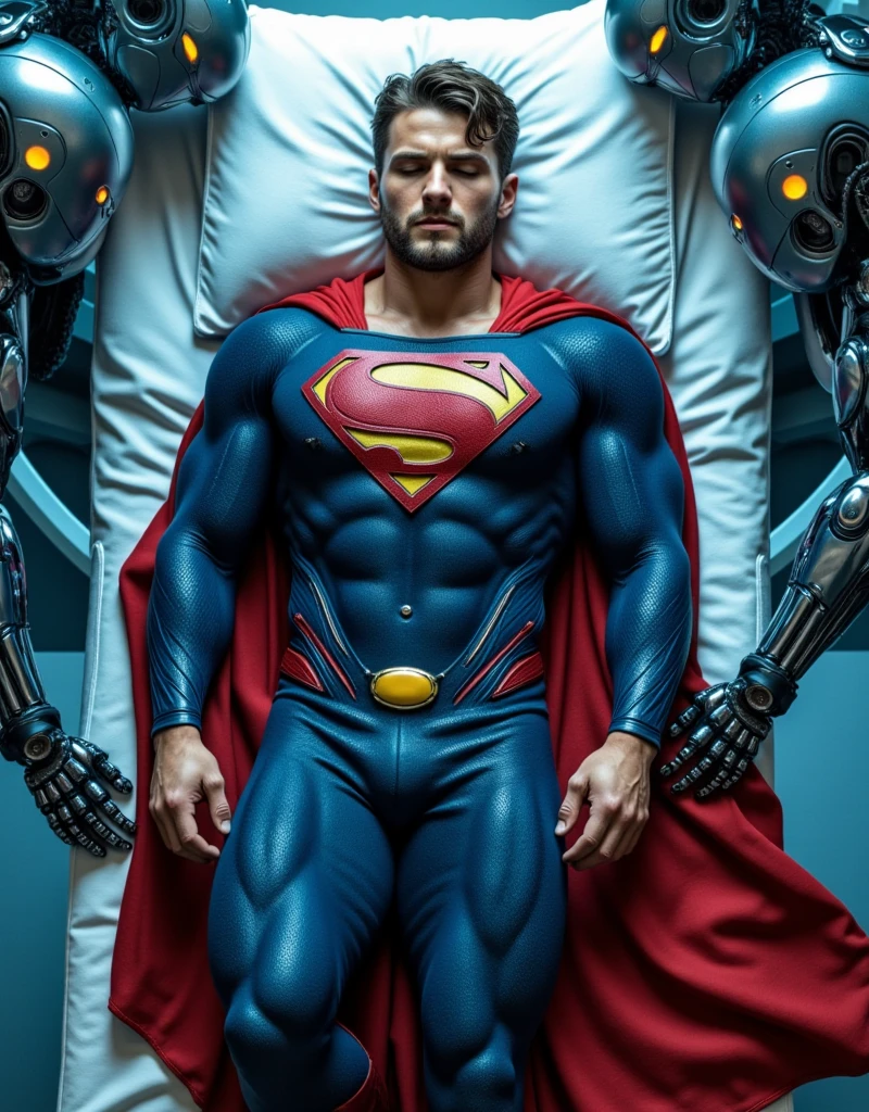 tyler hoechlin as classic musular Superman in full blue tight costume & red bikini briefs, is being strangled & intruded by thick electric cables, struggling, exhausted, helpless. many electric wires & a hi-tech round electronic gadget is attached on superman’s erected crotch & his bulge is being caressed, being assimilated into a supercomputer. trapped inside a futuristic lab.