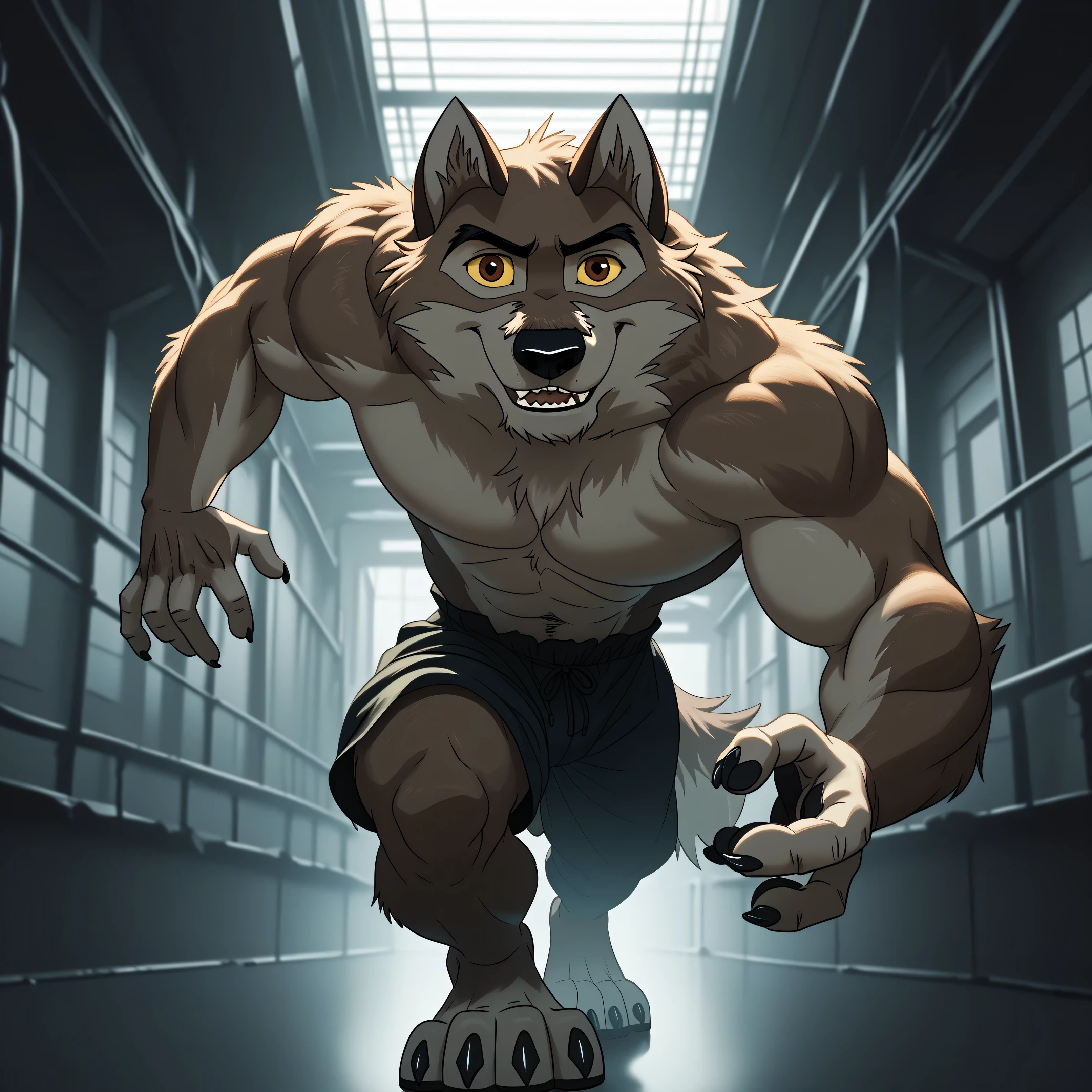 baltotwd, wolfdog, balto, brown eyes, yellow sclera, solo, detailed, detailed face, black eyes, anthro body, male, adult, muscular, cartoon shading, cel shaded:1.0, flat colors, (no background, white background):1.5, shirtless, wfa style, negger style, cartoony anatomy, above waist, looking at viewer, posing, smile