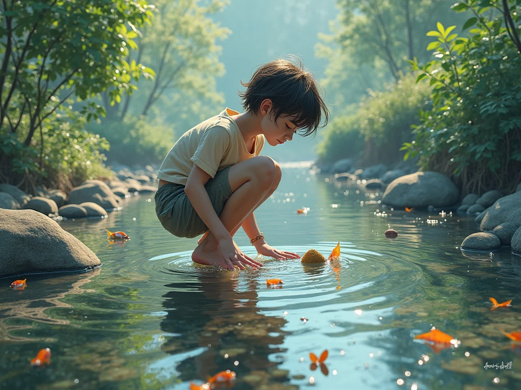 A boy sitting at the pond and watching water fall and beautiful hair style and with shoes
