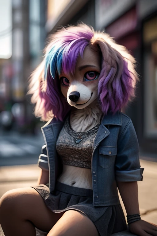 (Ultra-HD-details, discreet, emphasized-details, life-size-body, cutesie) RAW Photo, realistic,toy poodle girl, bob wave hair, body fur, separate tubetop, frill miniskirt, denim jacket,looking at viewer, (extremely detailed fluffy fur:1.5), detailed face eyes and fur vivid colors, sharp contrast, sharp focus, sitting town, smile,violet highlight hair
