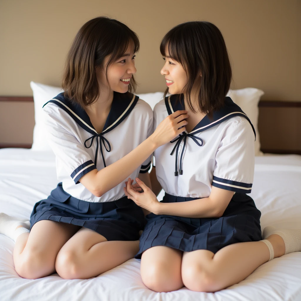 (A boy who looks like two girls in Japanese school uniforms lies on a bed、They are touching each other.'chest:1.9), cute制服を着て, A boy who looks like a 16-year-old girl, Bedroom lit by morning sun, masterpiece, (Groin bulge:1.9), (平らなchest:1.9), (ボーイッシュなchest:1.9), cute、good, (In the panties:1.5), morning erection, (erection:1.9), Long Hair, light makeup, (Large bulging crotch:1.9), (薄いchest:1.9), (mini skirt:1.9),The front of the skirt is puffed out