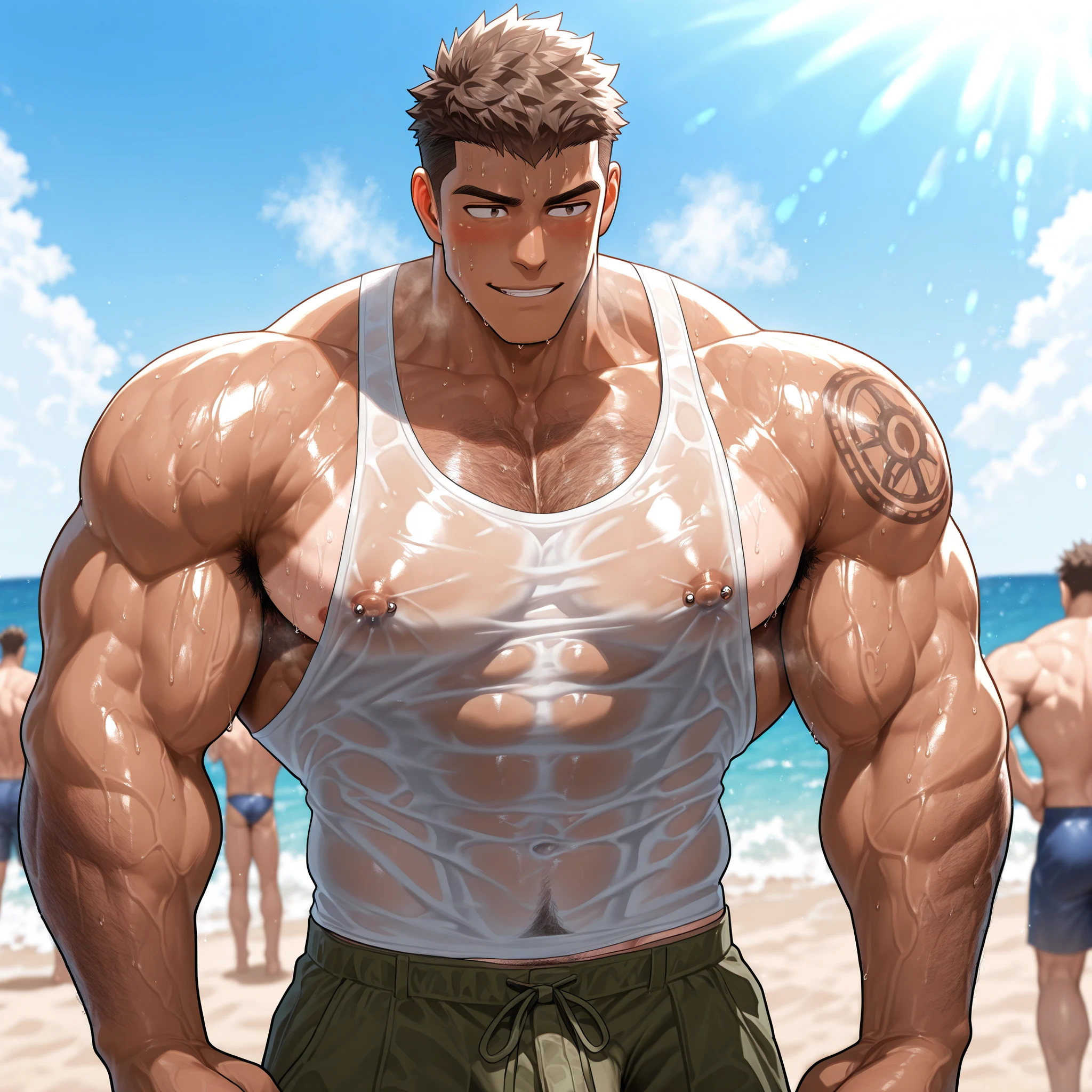 Roy Mustang from Full Metal Alchemist, wearing swimsuit, smug smile, bodybuilder, defined body, posing, shirtless, abs, big legs, walking around the pool, seen from below