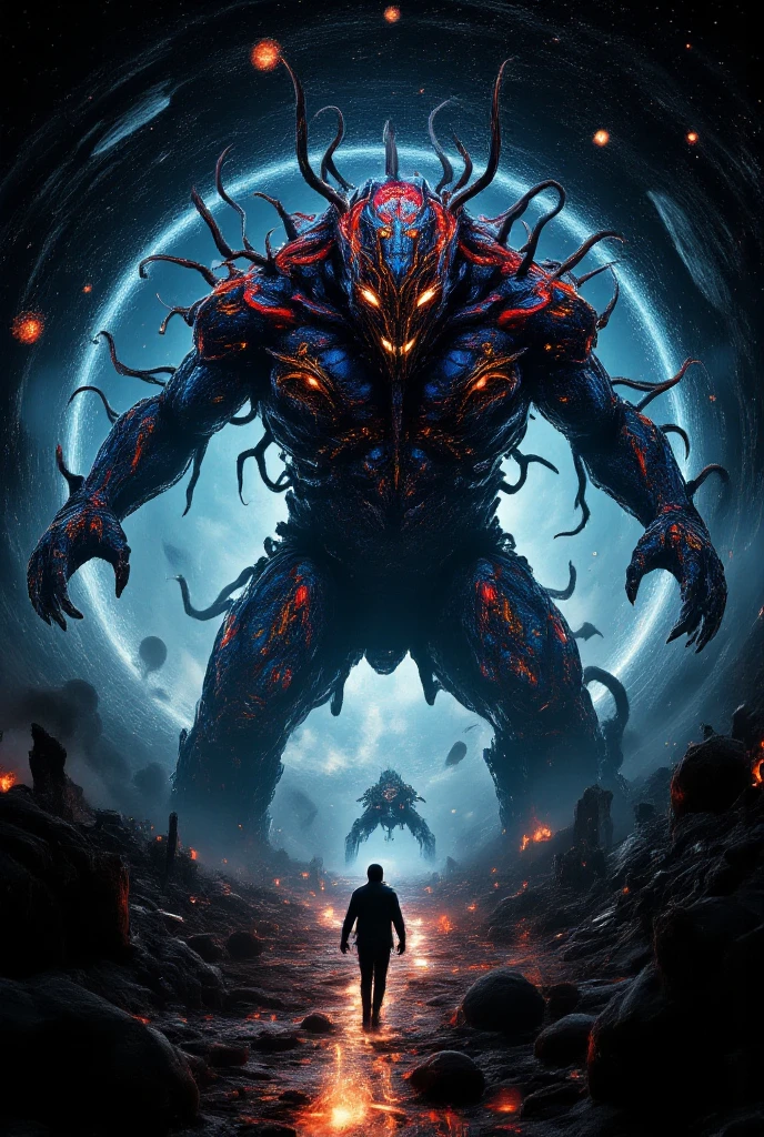 A giant monster with glowing eyes and claws stands in front of the city, Fluid Wind Oak Chinese Arboreal Hydra,  lava surface, Insect-like
 , Post-apocalyptic wasteland, apocalyptic event,Camera angle: Wide shot to capture the full figure, whole body, upright posture, （Toe）、（Finger detail on both hands）、
