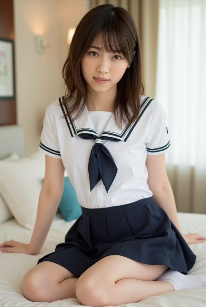 (Masterpiece, Best quality:1.4), (Ultra realistic, Photo-realistic:1.3), , embarrassed, (:1.1), ((Wearing Sailor suit, White short sleeve:1.3)), (Dark navy pleated skirt:1.2), (Wearing white sock), (beautiful ), Natural light, 20 years old actor, Japanese beautiful woman, Neat and clean, (Short wavy hair:1.1), (Beautiful face), Oval face, clear skin, Beautiful eyes, Kind eyes, Clear skin, Small face, ( face), Beautiful mouth, Small mouth, Natural makeup, (watery eyes), Seductive eyes, (Beautiful thighs: 1.2), Luxury hotel Suite room, 