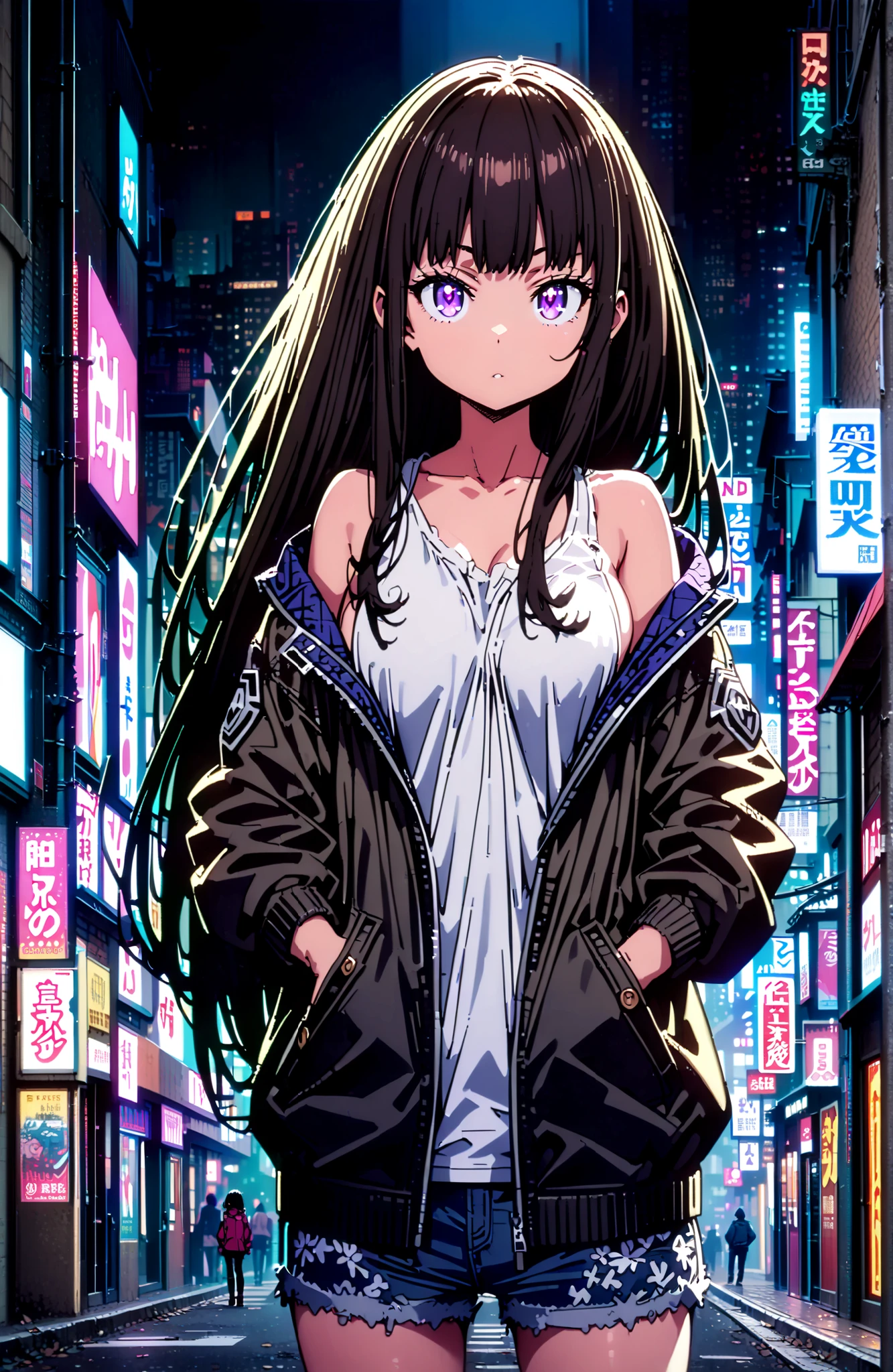 Takiuchikami, check it out, solo,long hair, bungs, black hair with a young pattern, purple eyes,Medium breast,close your mouth,Medium breast,riders jacket jacket,tank top for feet,sideboob,belly button stick,denim micro shorts,Bare legs,boots,hair accessory with both hands in pockets,Nōn,night,standing,full bodyがillustrationsに入るように,break outdoors,City,
break looking at viewer,full body,
break (masterpiece:1.2), Best Quality, high resolution, Unity 8k 壁紙, (illustrations:0.8), (beautiful detailed eyes:1.6), very detailed face, so that it fits into the illustration, Extremely Detailed CG, (perfect hand, perfect anatomy),