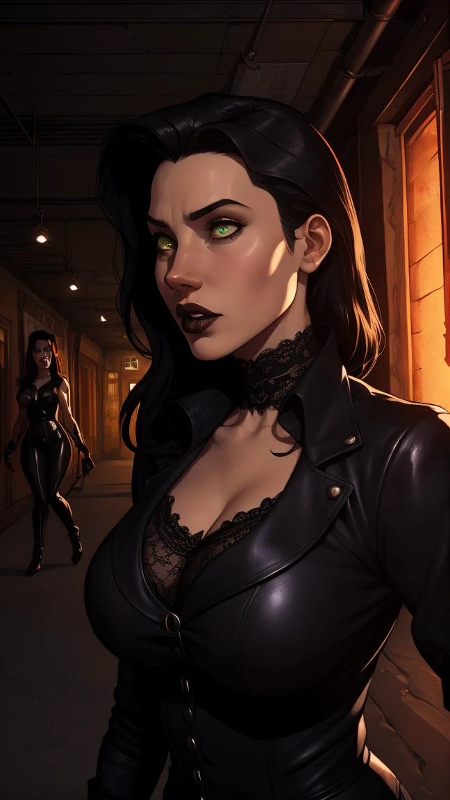 (extremely detailed 8k wallpaper), dark theme, Vampire the Masquerade, modern horror, 2020s, new woman top model, wearing black snake leather verste, expensive jewelry, sharp focus, (subsuperficial scattering:1.1), award-winning photography, centered face, face of Poppy Corby-Tuech, ((a Setite vampire)), half-body photo:1.1, very short black hair, supernatural green eyes:1.2,  expression of debauchery, inside luxury nightclub at night surrounded by admirers, dramatic lighting