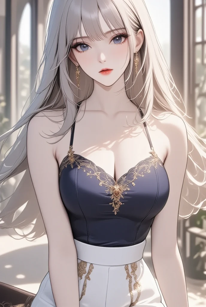 (Masterpiece:1.2, high quality), (pixiv:1.4), (1girl:1.2), (solo:1.2), (smooth:0.8), beautiful woman, rich lady, (mature), white skin, red cheek, blush, (smile:1.2), long silver hair, bangs, wavy hair, (strand braids), hair over eyes, sparkling green eyes, (detailed eyes), symmetrical eyes, black eyeshadow, glossy lips, pale pink lips, symmetric face, (round earrings), (looking towards the viewer), mole on chin, plunging neckline, pendant, (black dress), luxurious dress, (slit dress), thigh high slit, side slit, collarbone, neckline, luxurious, slender arms, (beautiful round breasts:1.2), (plunging cleavage), slim waist, hands on waist, (professional photography), dynamic pose, model, instagram model, celebrity, best quality, (absurdres:1.2), ultra-detailed, HD, 1080, 4k, 8k, intrinsic details, shiny blue sky, aesthetic outdoors, sky background, water fountain, luxurious, fountain background, mansion, wind blowing hair, vivid colors, dynamic lighting, (full body), ((detailed face)), blurry background, highly focused face, 