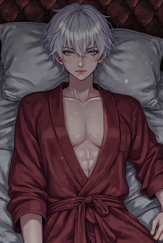 Anime guy about 16 without outerwear. Muscular with 6-pack abs and back. With white hair. Lying on the bed.