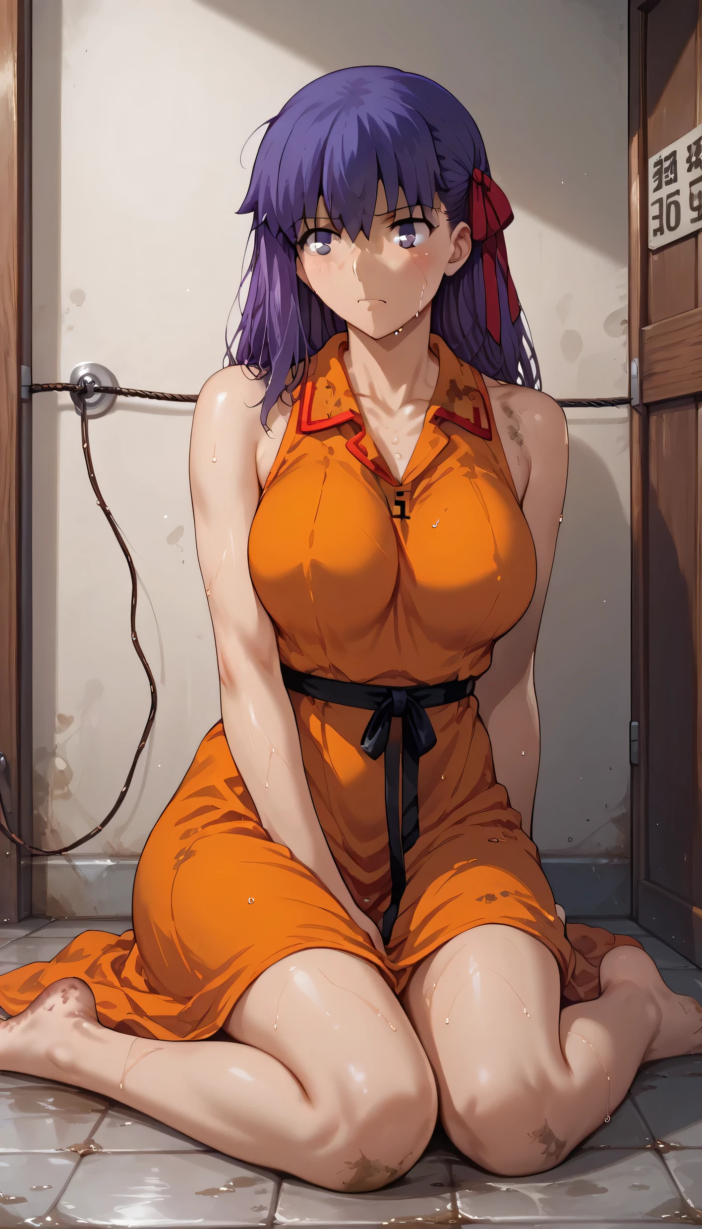 Sakura Matou, fate stay night: heaven's feel, a girl with white skin, big breasts, beautiful body, purple hair (long, loose, and messy hair), purple eyes, (((wearing a short, sleeveless, maximum security inmate orange dress with the ID number: inmate: M13195 engraved on the chest))), ((maximum security prison recreation yard with large walls with barbed wire and watchtowers in a dirty and old state, and with an unpaved floor))), (((sitting on the floor facing forward with her legs stretched forward, raised and apart, focusing on her feet and the soles and toes))), (full body), (barefoot), (resigned mood), (tense and hot atmosphere), sunny day, (heat), ((dirty)), ((sweating)), (gloomy and depressing place)