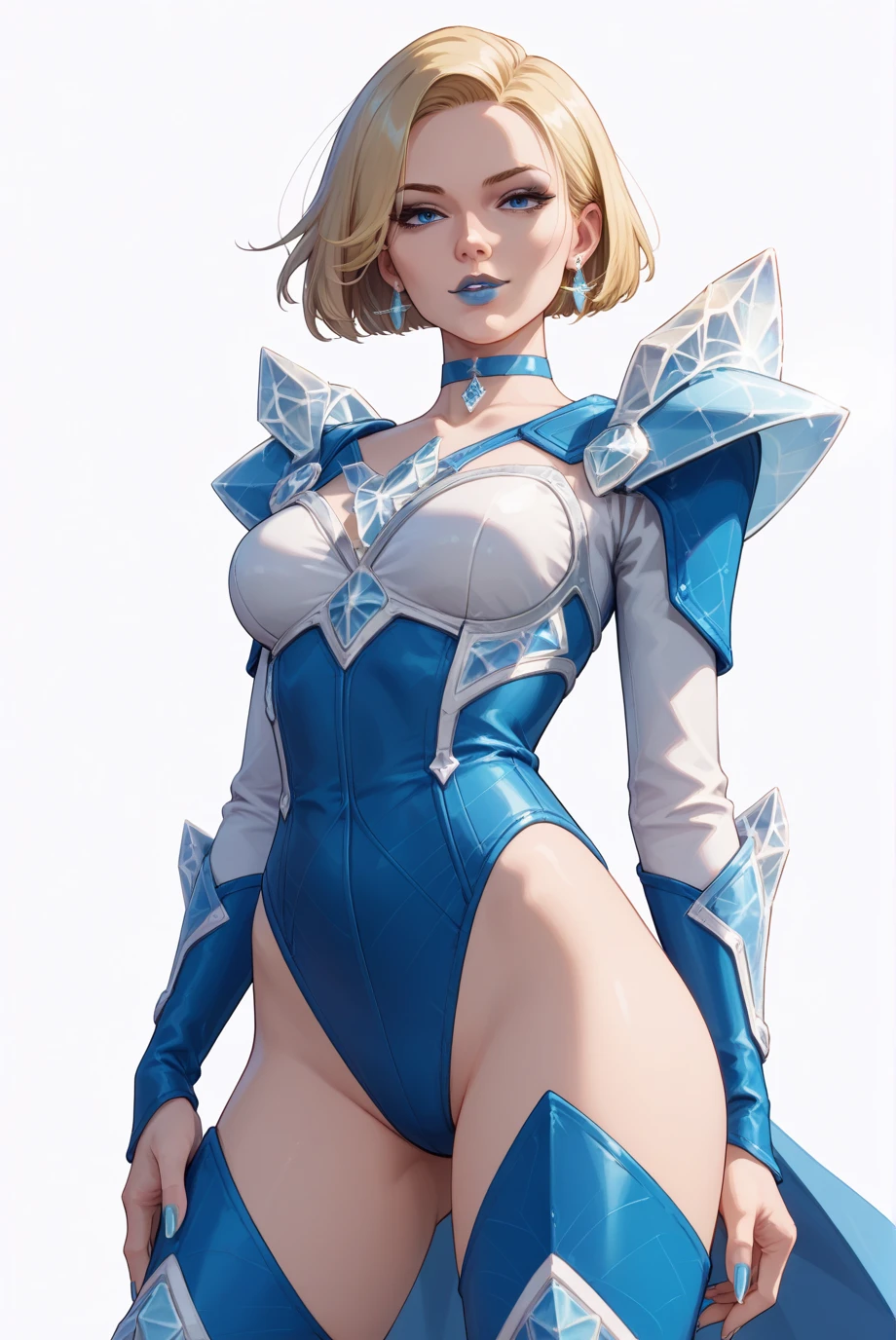 powerful, 1 girl, artist request, waist belt, short blonde hair, white with possible cover sleeves, mitts, booties, no characteristic features, fully body, blue colored eyes, high resolution, gazing at viewer, krypton, DC Comics, shorth hair, simple background, standing alone, Kara jor-El: Cheiro de krypton,