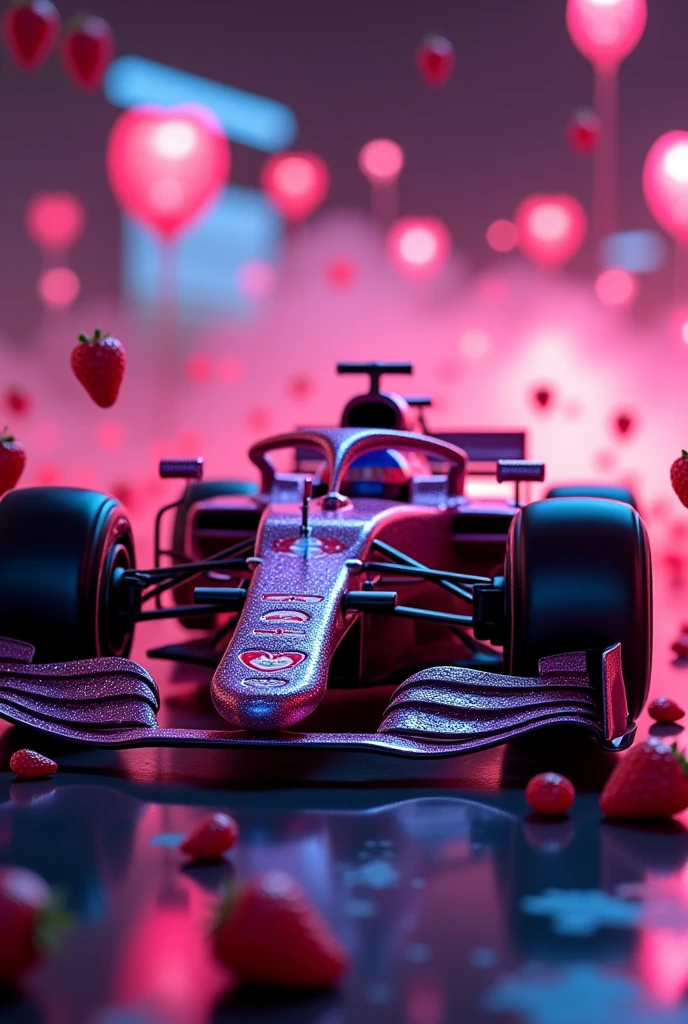 Masterpiece, Best Quality, High Resolution, 8k, (Real, Photoreal: 1.3), Wallpaper, F1 Race Car, Neon Metallic Body x Rose Flower, Bokeh Effect, Soft Light, Accurate and Detailed, 4K, Big, Fastest, Explosion, Extreme Light, Digital Art, Authentic, Excellent Detailed Description, Fine Details, Professional, Vivid Colors, Strawberry Pattern Mascot, Different Angles, Different Poses, DVD Video Cover