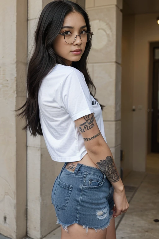 ((best qualtiy)), ((tmasterpiece)), (The is very detailed:1.3), Kizi,Raised sexy,detailed tattoos,Bare back,torn denim shorts,long whitr hair,NSFW,