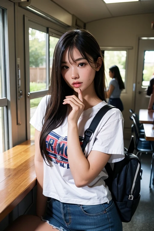 masterpiece, real photo, 21yo girl with long brown hair, wearing a green graphic t-shirt, a plaid flannel jacket, and a choker necklace, medium big breast, stand pose in an outdoor setting. She has a backpack beside her, the background is filled with greenery and yellow flowers. The girl looks tired, (tired), (sweat:0.5), (wet:0.5), (wet hair:0.5), (close-up:0.2), (back view:1.3)
