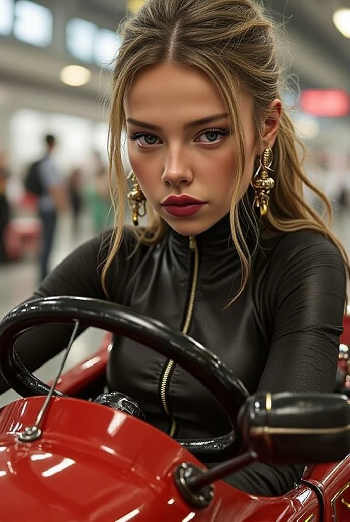 Cute young girl, portrait , best quality, masterpiece,blonde both side Ponytails hair,short smile,Sweaty, wet,wearing,black latex cop suit opened zip half sleeves,cleavage, sunglass on head, sweaty body,holding lollipop