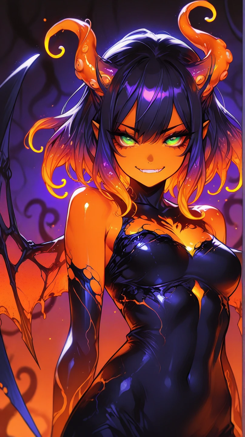 Best Quality, super detailed illustration, A girl, (Crazy orange eyes:1.2),(wide eyes:1.2), (short disheveled black hair:1.2),(crazy smile:1.2) ,(Scars:1.2), combat pose, the perfect body, Loose clothing