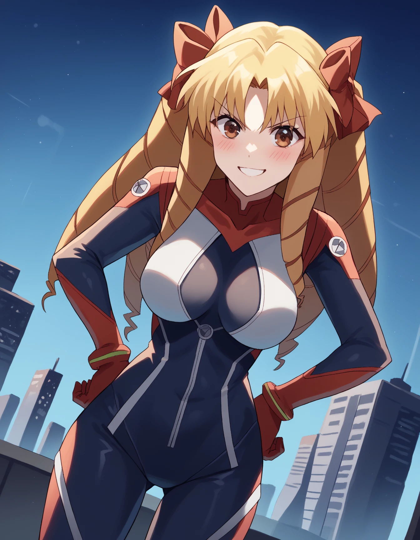 masterpiece, Best Quality, 1girl, solo, blonde hair, ponytail, crown, serious, concentrating, v-shaped eyebrows, city light, city in background, burning buildings, close-up, on one knee, red gem, red gem on chest,