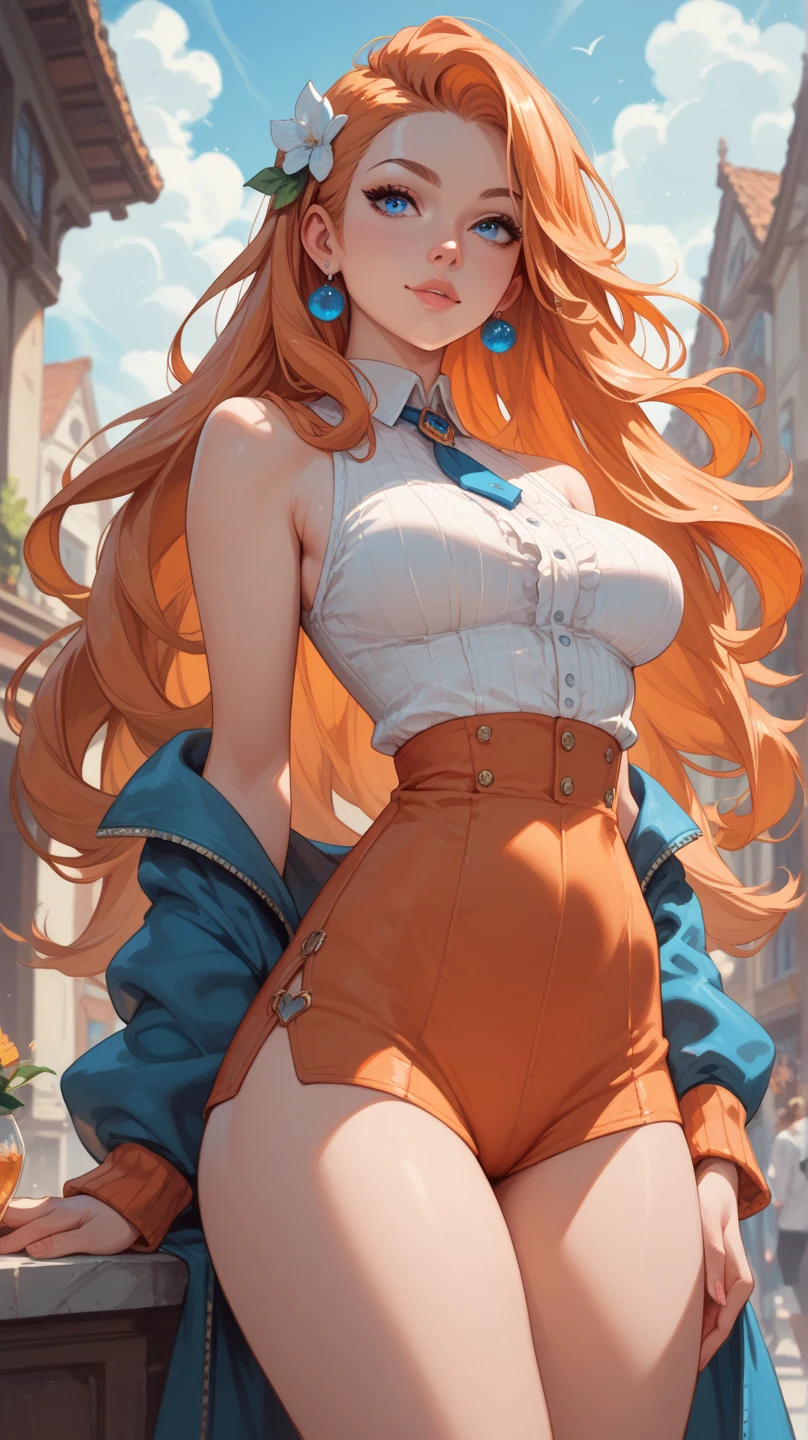 8k, masterpiece, best quality, realistic, higly detailed, cowboy shot, 1girl, solo, itsuki, serious looking girl, medium-length hair, expressive ahoge, reddish-orange hair, a pair of star-shaped hairpins near both of her eyes, dark blue eyes, average height, well-endowed figure, glasses, cute, bunny girl
