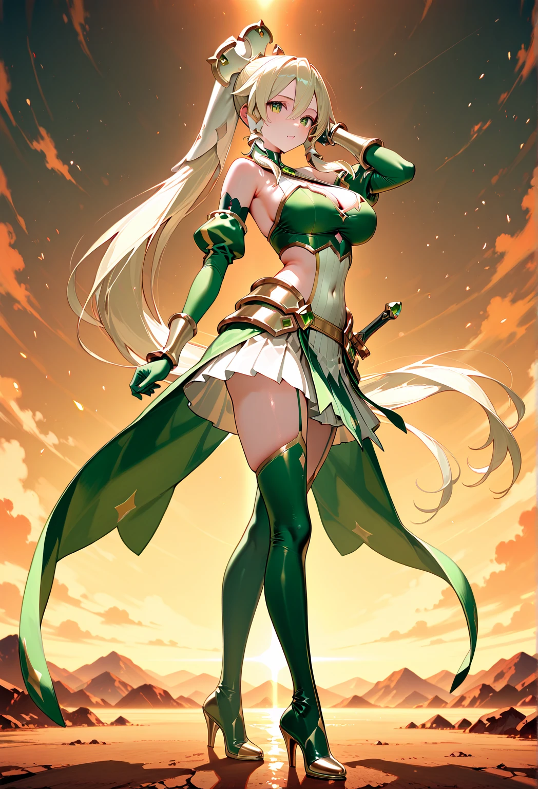 masterpiece, high quality, perfect face, 1girl, woman, tall, native, tribal, long elf ear, long green hair, head covering made of bird feather, yellow eyes, red tattoo on face, red tattoo on body, tribal clothes, holding spear, long spear weapon