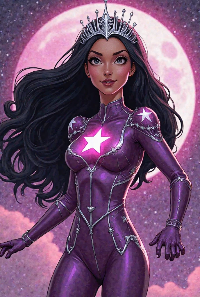 (()Una hermosa mujer de cabello negro largo bajo el manto de Carol Ferris alias Star Sapphire DC Universe traje enterizo fucsia botas y guantes Fucsia y máscara fucsia con una estrella de diez puntas en su frente estrella blanca en su abdomen traje sensual))),(((DC Universe)))