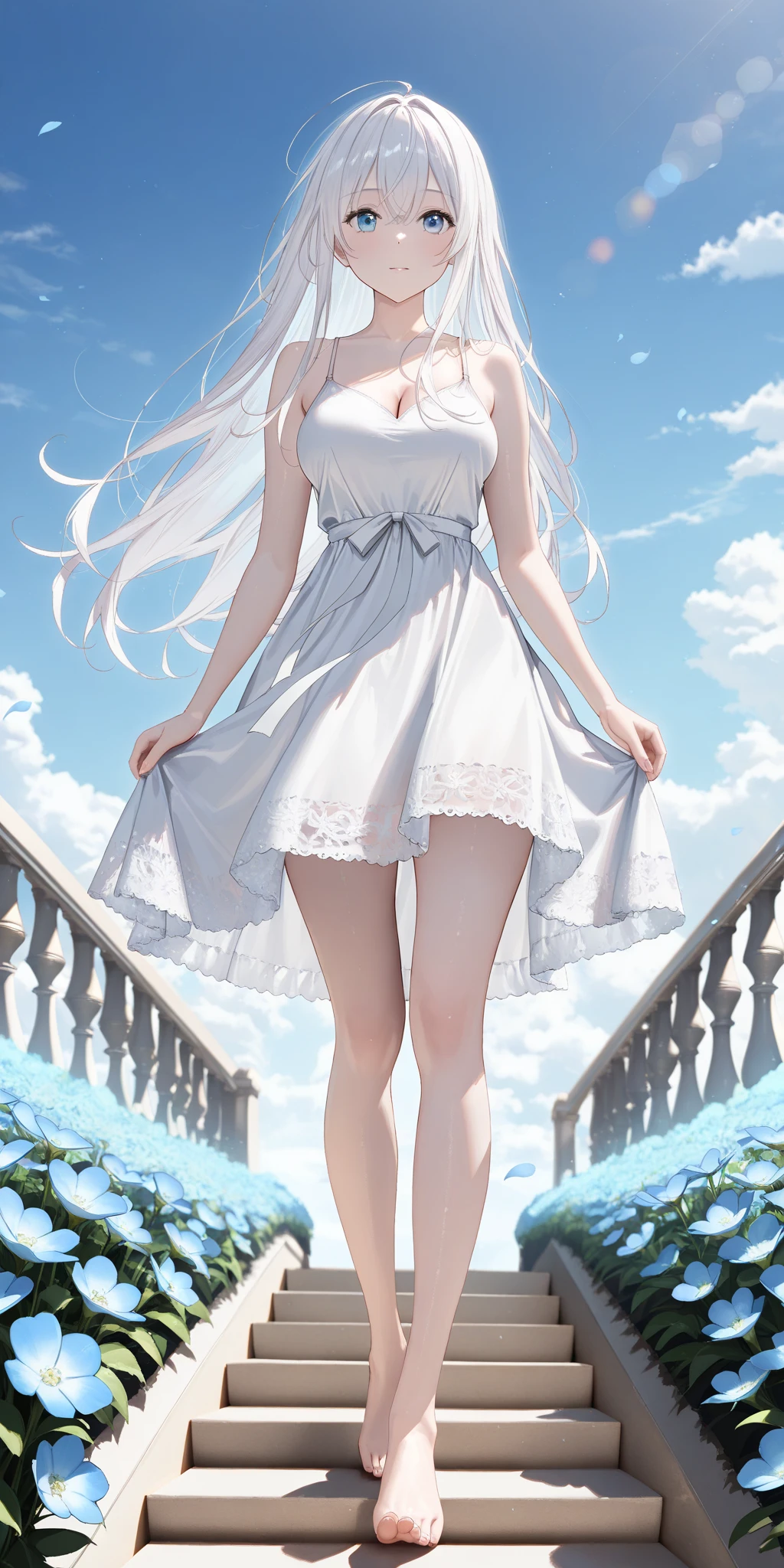 ((highest quality)), ((masterpiece)), (detailed), Perfect Face ,masterpiece, best quality, extremely detailed, anime, 1girl, blue eyes, silver hair, 8K, 4K,longhair,colorful,Wedding dress,small breast,expressive eyes,perfect face, moe, kawaii,cute,dress,eye focus, spectacular view, diamond shaped eyes, full body, arm behind back, day,smile,sea,have a basket
