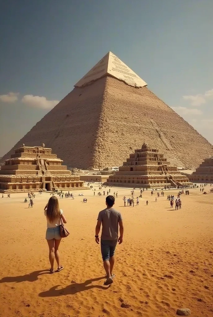 there is a Mexican man and woman standing in front of a large obelisk, a photo by Kathleen Scott, cg society contest winner, conceptual art, pyramid in background, luxor, from luxor, in Giza, vacation photo, pyramids in the background, photo-shopped, in egypt, pyramids in background, 2 0 2 2 photo, egypt