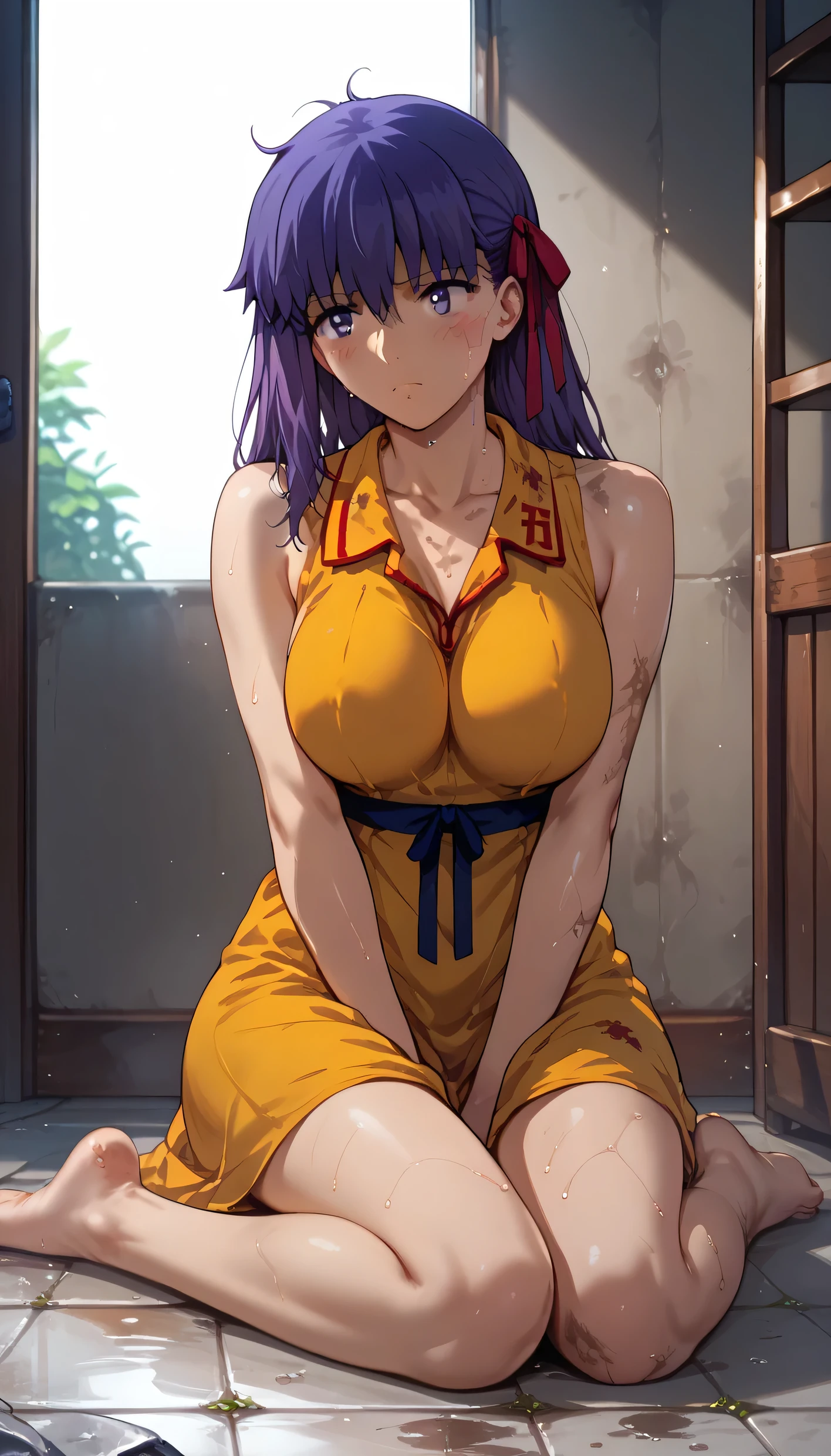 Sakura Matou, fate stay night: heaven's feel, a girl with white skin, big breasts, beautiful body, purple hair (long, loose, and messy hair), purple eyes, (((wearing a short, sleeveless, maximum security inmate yellow dress with the ID number: inmate: M13195 engraved on the chest))), ((maximum security prison recreation yard with large walls with barbed wire and watchtowers in a dirty and old state, and with an unpaved floor))), (((sitting on the floor facing forward with her legs stretched forward, raised and apart, focusing on her feet and the soles and toes))), (full body), (barefoot), (resigned mood), (tense and hot atmosphere), sunny day, (heat), ((dirty)), ((sweating)), (gloomy and depressing place)