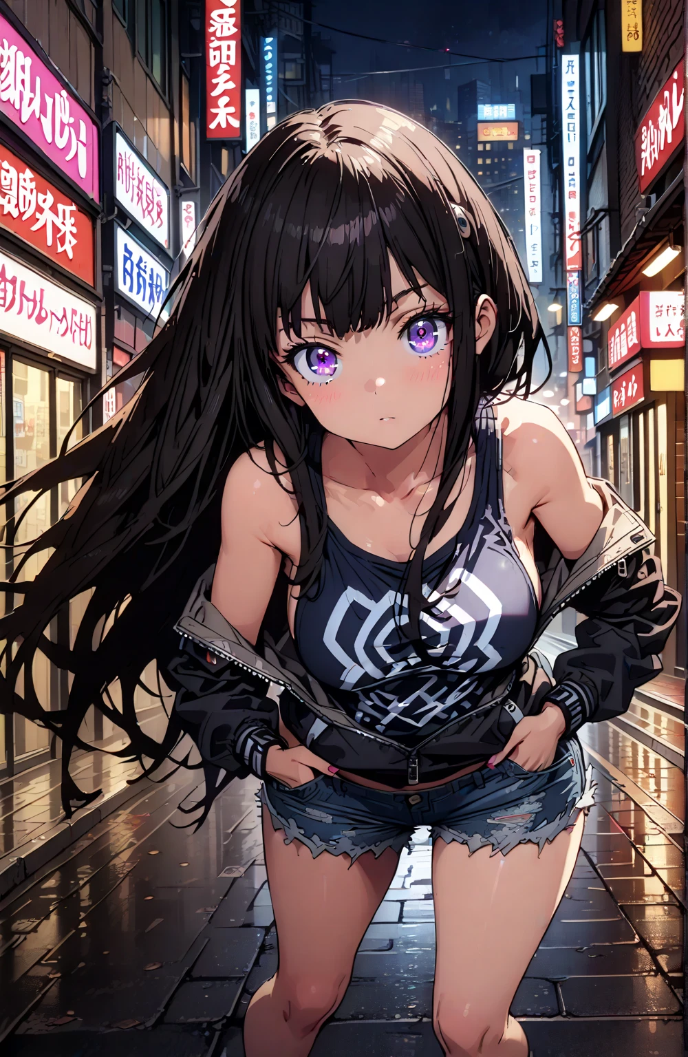full body, solo, alone, delicate facial features, medium tits, medium hair, black hair, tearful mole, earring, shirt, navel, cleavage, street,