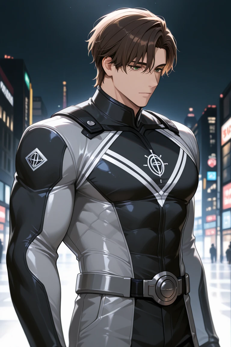 Handsome Japanese male models　　22 years old　smile　　　Black Hair　　Short cut　Short bangs　looking at the camera　　　　　Shiny full-body silver suit　　　Shiny silver latex suit　Mega Bulge　　looking at the camera　future world　　　　　Upper body close-up　Face close-up　　　　　Fierce