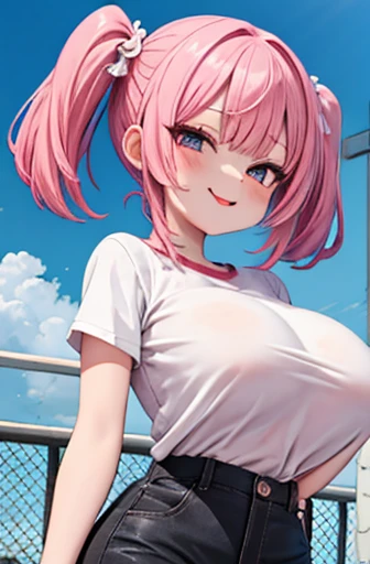 anime、Pink Hair、Big Breasts、valley、White shirt、Pink shorts、City of night