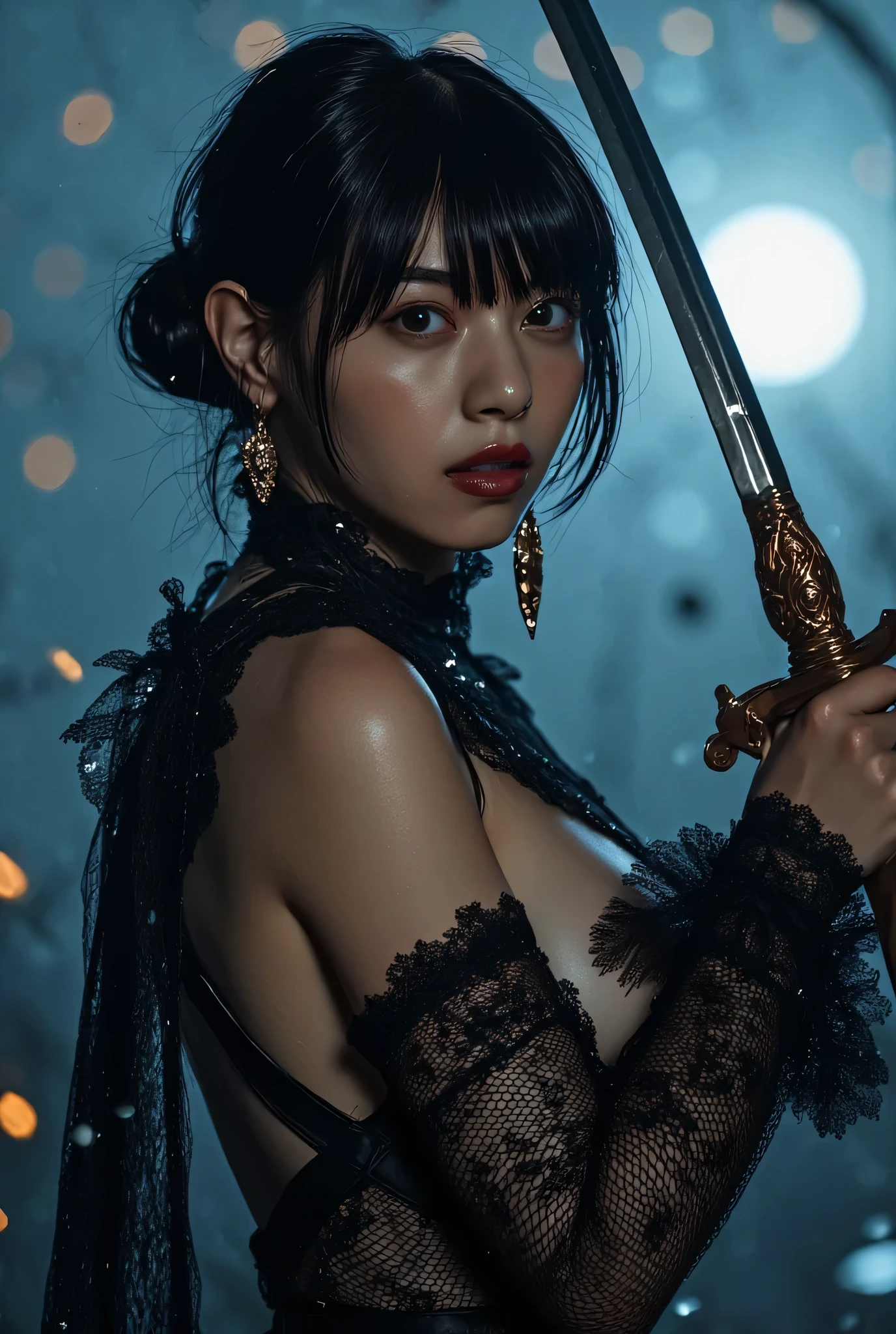 (((Atop the cursed mountain:2.0))),(((Night sky with beautifully shining constellations:2.0))),(((Gothic, dark horror atmosphere:2.0))),(((Holding a copper sword:2.0))),((Pointing a sword at the viewer:2.0)),standing,(((full body shot:2.0))),One female ghost,((super cute face:2.0)),(Beautiful well-balanced face :2.0),((Medium hair with bangs:2.0)),(black hair:1.5),(Beautiful Eyes:1.5),Glamorous shot of a 20-year-old Japanese woman,Beautiful slender body,((model body type:2.0)),((slim body:1.7)),Perfect Body Line,ideal proportions,((big breasts outdoors at night:2.0)),((Body measurements: 83-53-85:2.0)),((B-cup breasts:2.0)),Small breasts,((((Underboob:2.0)))),Bare thighs,Sensual Thighs,delicate body,(succulent:1.7),natural posture,((Realistic breast depiction :2.0)),Carefully drawn limbs based on perfect anatomy,((Dark Lord-style harness:2.0)),((Black lace harness:2.0)),((Nude, long, open-fronted embroidered cape:2.0)),(Black lipstick:2.0),(((Shining copper accessories:2.0))),((((Coarse mesh fishnet stockings:2.0)))),(((Copper crown:2.0))),concept art,(Best Quality:2.0),(masterpiece:2.0),((超high resolution:2.0)),high resolution,UHD,(Delicate Description), carefully drawn with butterfly wings ,32k,((realistic skin texture that shows through the whole body:1.5)),(((ultra-realistic:1.5))),carefully draw eyelashes,very detailed face,Highly detailed female hand, Sexy appearance ,very sensual,(Blurry Dim Backgrounds :1.5),Professional Photography,Cinematic angle of view,(dynamic posing:1.7),(movie lights:2.0),(((Godfather style lighting:2.0)))