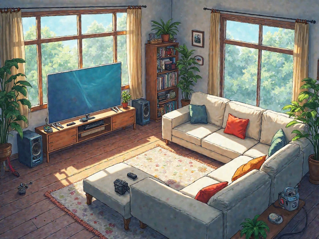 Create an anime-style living room with a large L-shaped couch as the ...