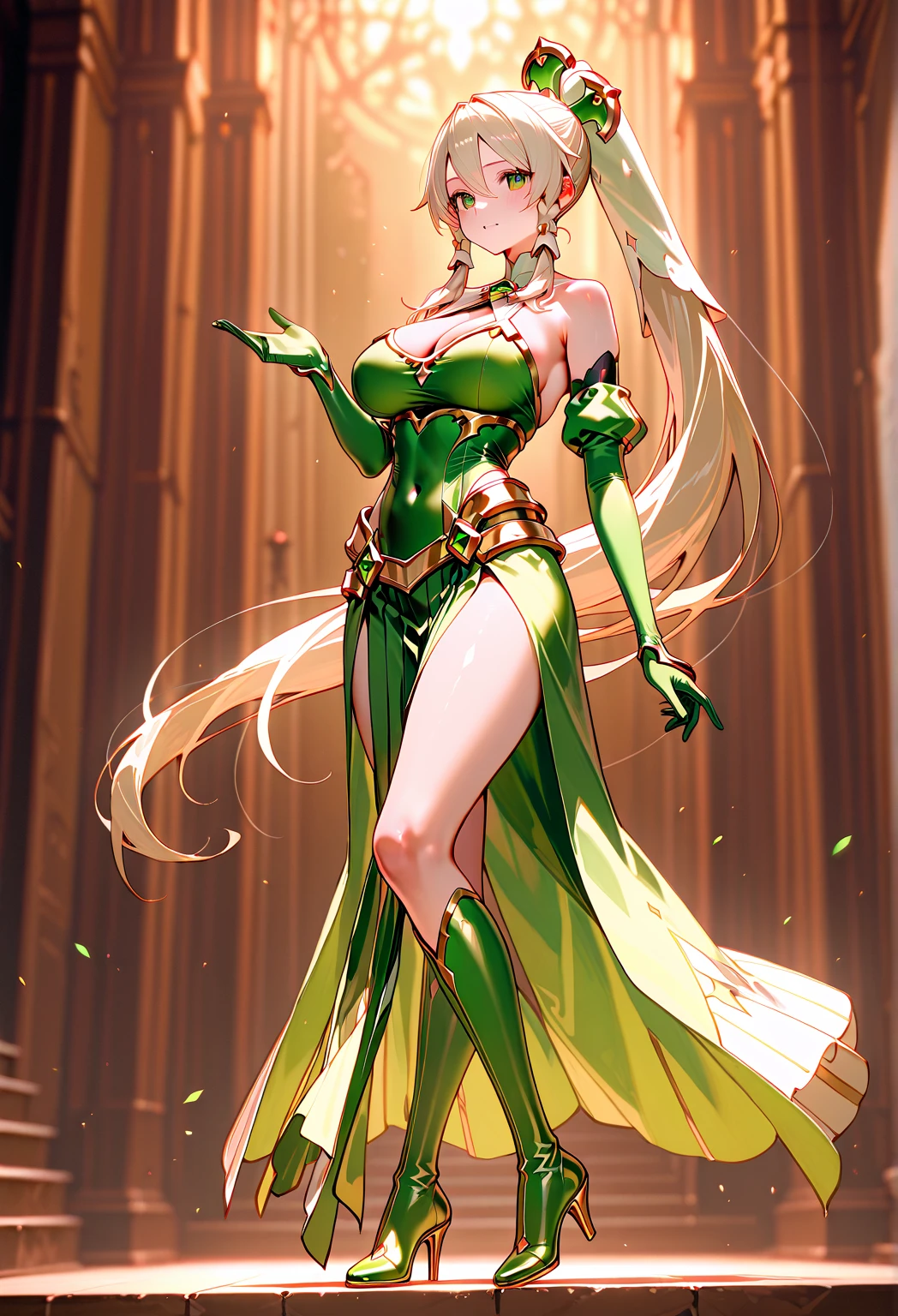 masterpiece, best quality, beautiful detailed hair detailed face, perfect feminine face, (happy:1.2), open mouth, smiling, (close-up potrait:1.2), a beautiful and cute girl with sparkling and glowing green hair, ahoge, side hair, (gigantic breasts:1.2), huge cleavage, very long hair, green evening dress wearing, long dress, long sleeves, (leaf particles), floating hair by wind, shiny skin, shiny foreheads, (sparkle particle), lens flare, sharp focus, volumetric lighting, trending on artstation, pixiv, by sakimichan, george kamitani, akira yasuda, alphonse mucha, greg rutkowski, gil elvgren, william-adolphe bouguereau