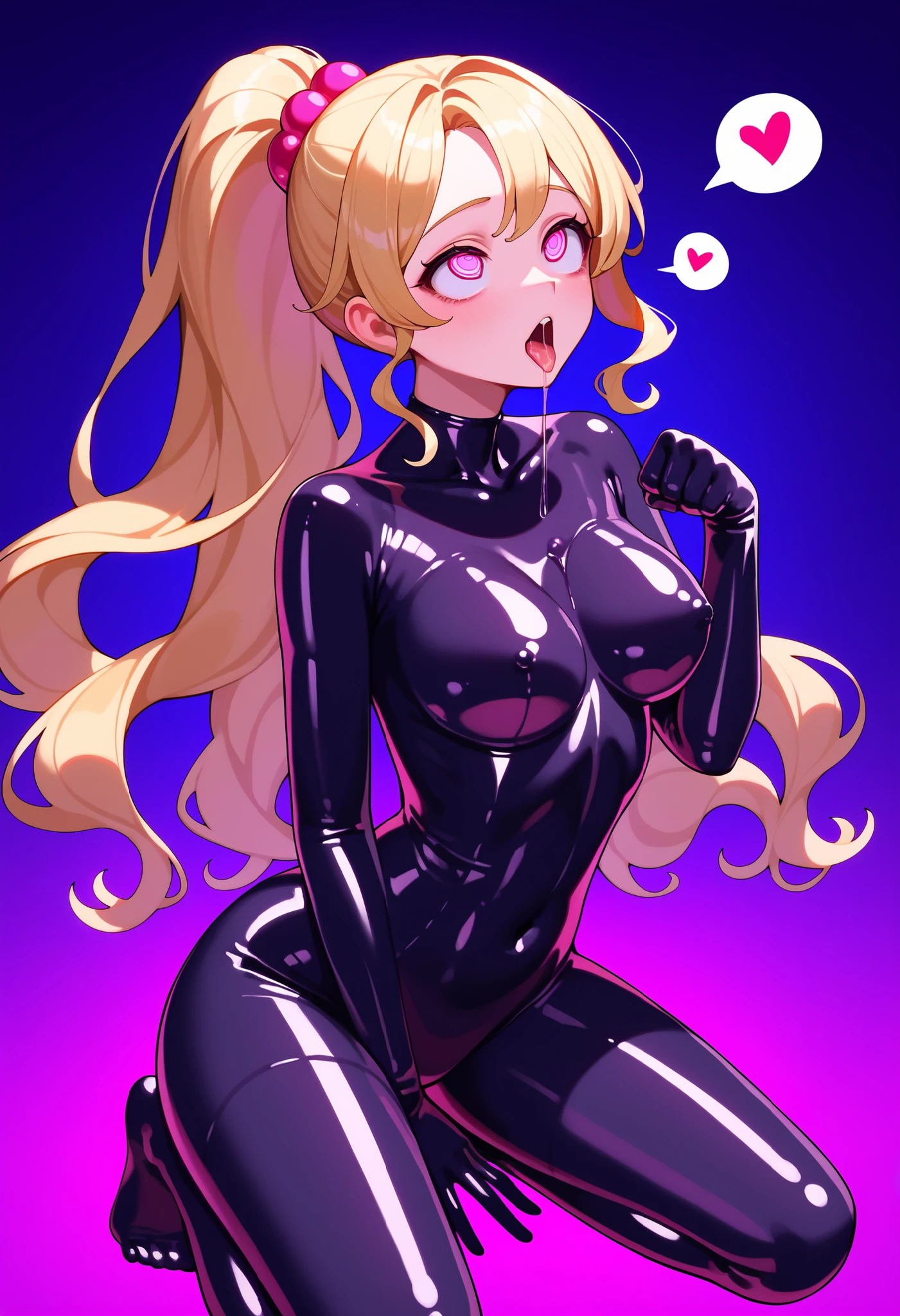 (masterpiece),(Highest quality),(Super detailed),(Best illustrations),(Best Shadow),(Absurd),(Detailed Background),(so beautiful), 16K, 8K,(Best illustrations),(Best Shadow), (so beautiful), One girl, alone, very long hair, Blonde, fluorescent pink eyes, half up ponytail, wavy hair, empty eyes, blank eyes, tight latex bodysuit, eccentric details on bodysuit, latex gloves, latex socks, extremely glossy latex, big , hourglass figure, big butt, sexy hips, on knees, paw pose,Arched back, orgasm, afterglow, Open your mouth languidly, Sexy posture, dynamic pose, cross-eyed, rolling eyes, saliva trail, shiny skin, torogao, ahegao, BREAK, Dramatic lighting, Psychedelic Background, Clear liquid, night, Torrent of Light, mysterious, spoken hearts, massive veiny dick left of frame