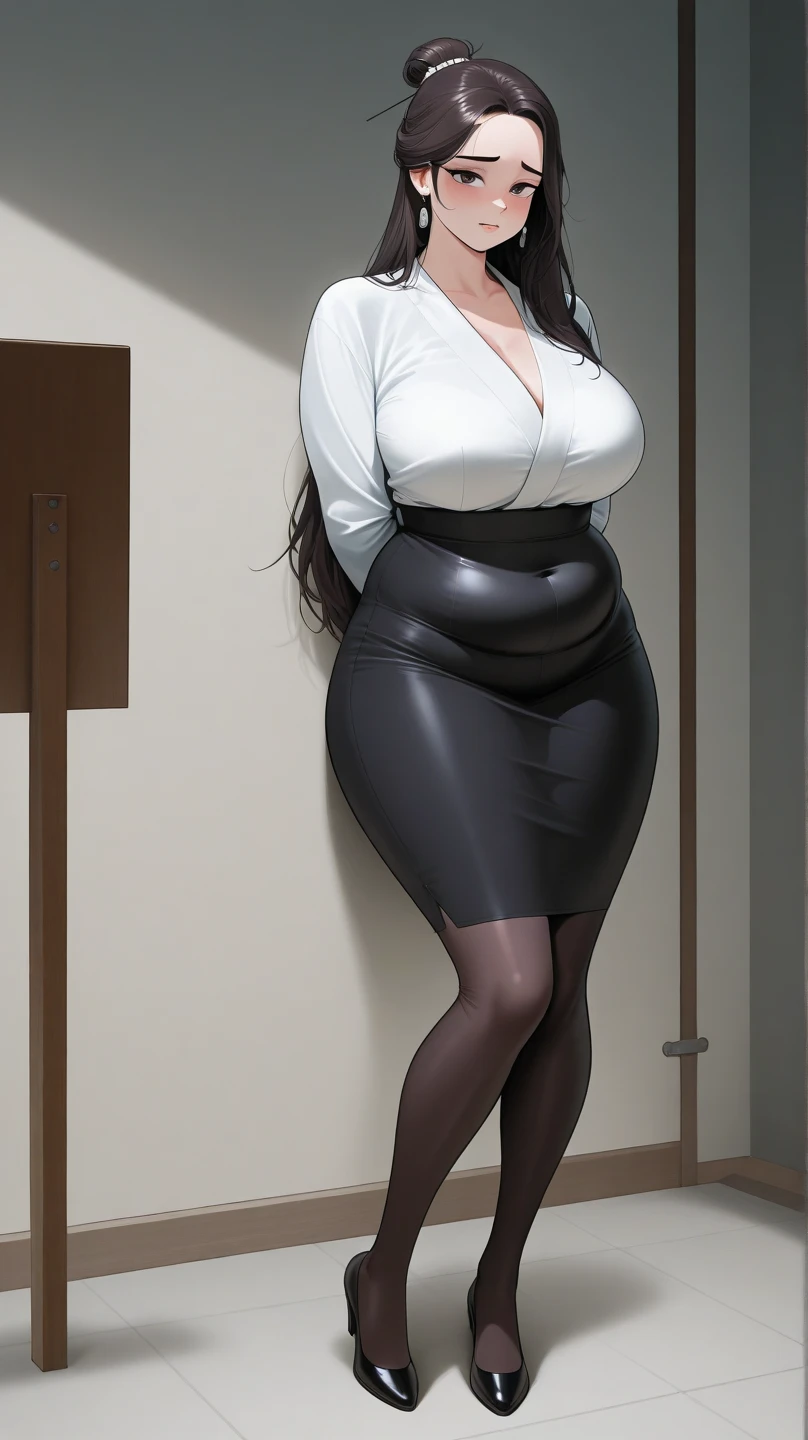 ((best quality)), ((masterpiece)), (detailed), perfect face, chubby woman, chubby face , chubby girl , widest hips , fat belly , thick neck ,, thicc , thick body , thick thighs , thick arm, small breasts but her body is a chubby, full body view, dark-black room, black bokeh background, tight dress, wearing high laced boots, short hairstyle, diamond necklace, wearing a watch, tall woman, restore face, white skin , longest tight pants , glasses , cold vibes, , 4k resolution, japanese goddess,voluptuous, looking at viewer