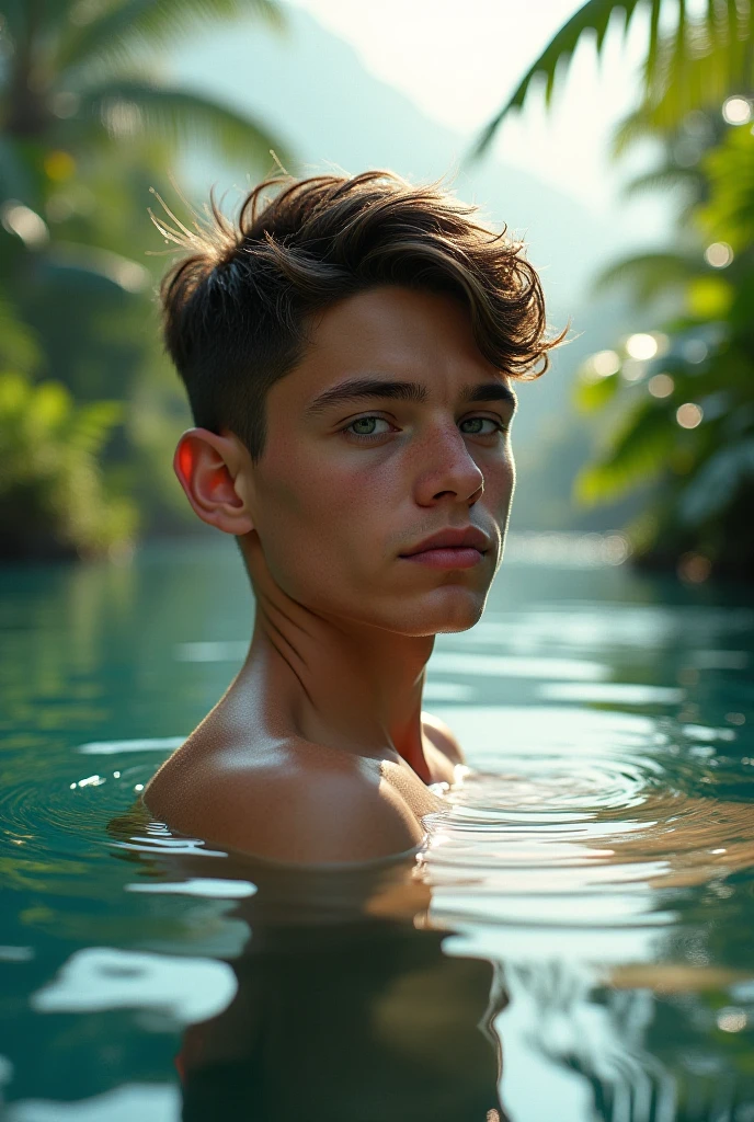 A 16 year old boy white skin brown hair green eyes fine features strong pectorals in a crystal clear river