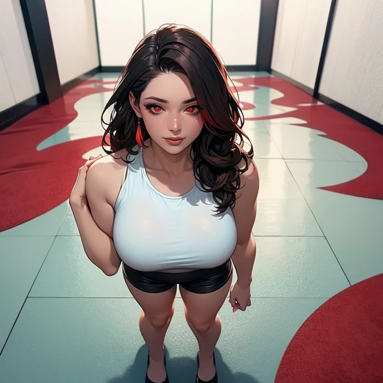 , full body, (masterpiece), (best quality), ultra high res, ultra detailed, detailed eyes, intricate, 1girl, looking at viewer, bbyorf, short hair with long locks, gold hairband, red eyes, gold earrings, large breasts, black shirt, white tank top, blouse, cleavage, collarbone, denim, denim shorts, jacket, long sleeves, ((open clothes)), open jacket, partially unzipped, blue jacket, shirt, short shorts, shorts, tank top, track jacket, unzipped, ((large breasts, big hips, tight clothes, cleavage, looking at the viewer)), (abs:0.8), BLUSHED, UNDERBOOB (realistic:1.2), (realism), (masterpiece:1.2), (best quality), (ultra detailed), (8k, 4k, intricate),(85mm),light particles, lighting, (highly detailed:1.2),(detailed face:1.2), (gradients), colorful,(detailed eyes:1.2),(detailed background),detailed landscape, (dynamic angle:1.2), (rule of third_composition:1.3), (Line of action:1.2)
