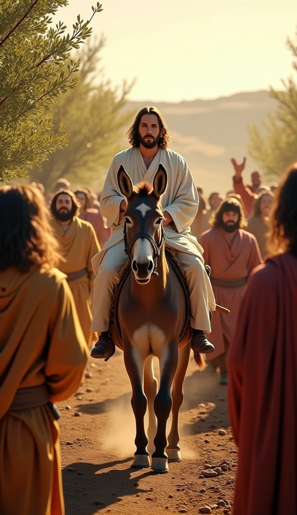 Jesus Christ is entering Jerusalem. Jesus is riding on a donkey. The crowd is applauding. There are palm leaves on the path. Jesus is wearing loose clothing typical of biblical times, with a blue belt.