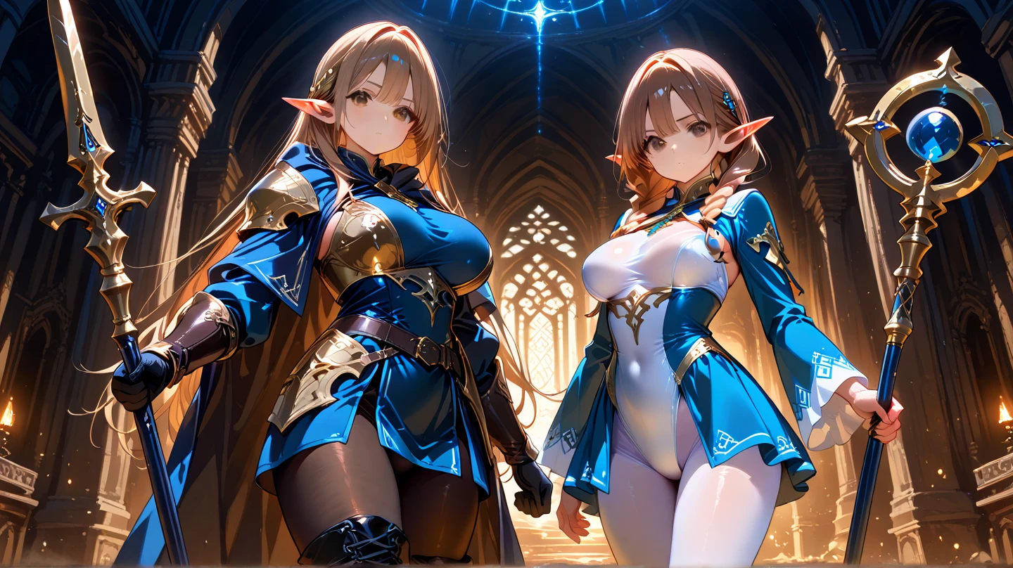 Design a layout showcase Gaming character, a Elf Knight. Golden+Purle clothes, stylish and unique, detailed magic bow, (masterpiece:1.2), (best quality), 4k, ultra-detailed, (dynamic composition:1.4), Step by step design, layout art, (luminous lighting, atmospheric lighting), Final Fantasy style, magican, ((glove full hands)), fran, viera, (((revealing clothes:1.3))), vambraces, armored legwear, high heels