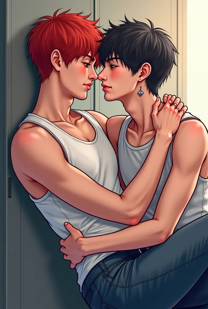 le mete su pene por su ano desde atras High image quality, Dos hombres hermosos, ojos delicados, musculoso delgado, alto, Alta estatura, Peinado aleatorio, esta atras de un amigo metiendole su pene por el ano , estan desnudos el pasivo llora y grita de dolor, are . dormitorio, hugging from behind,