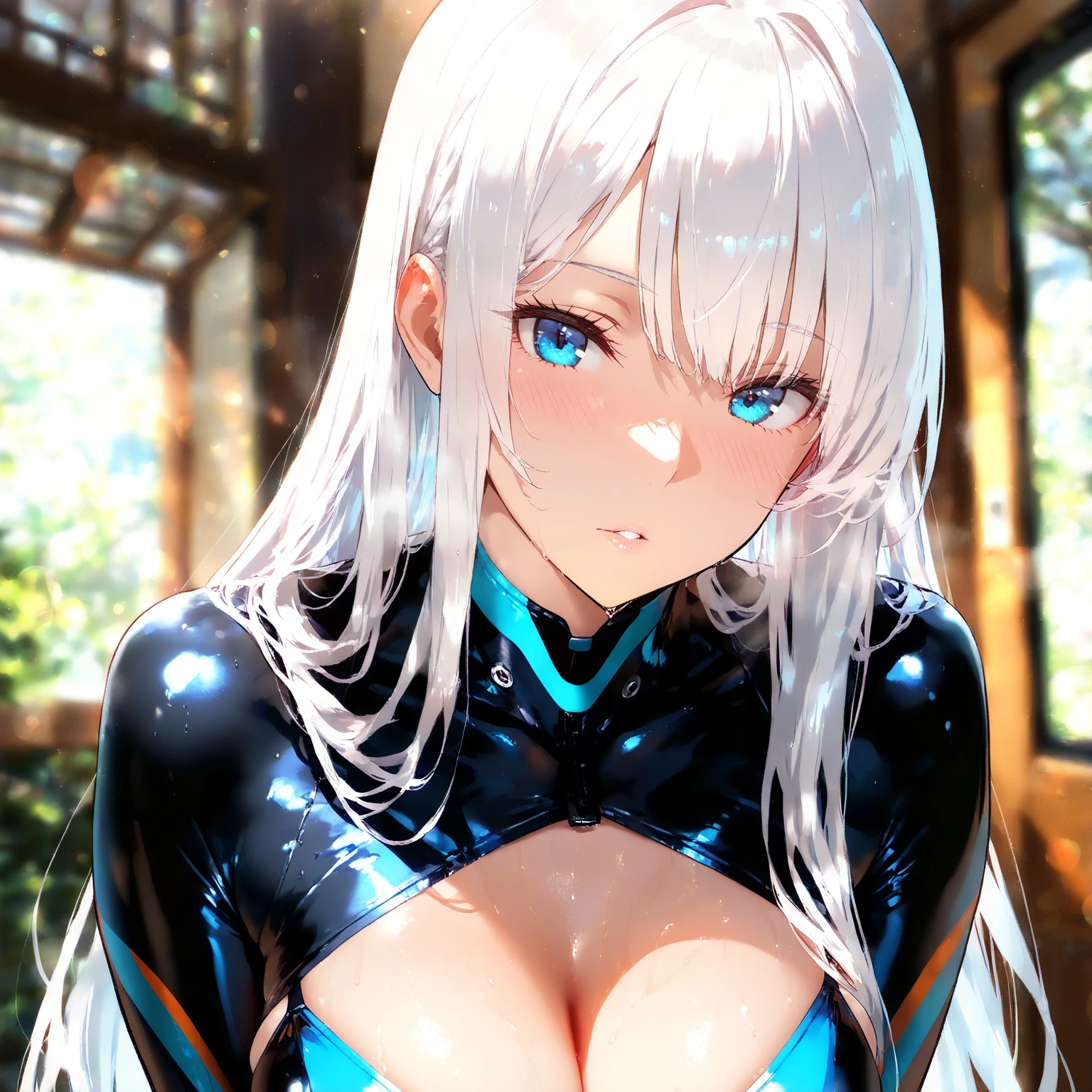(Browsing Caution:1.3).(Glowing Skin:1.8).(Wet Skin:1.3).(Huge breasts:1.7).(Nipples are visible:1.5).Show off your breasts:1.5).beautiful girl,最high quality、Best image quality、masterpiece、girl((Top model at 18、 By becoming、Best Bust、Tea that opened my heart、shining eye,((Heterochromia iridis, (右eye, blue colored 右eye iris)(左eye, bluecolored 左eye iris), eye; Red and gray purple)), Silver x Blue Metallic Hair、Gray hair color, Silver smooth shiny top model hairstyle, Straight silk bangs, Cut in a straight line hair and bangs, Blunt bangs+Cut in a straight line, long and smooth hair、thin,Highest valley、black 、Shiny blue panties、shoulder jewelry ,Diamond Earrings、Wristband、black gloves)),high quality、Beautiful art、background((School Area))、Flight、flying debris、Written boundary depth、movie、Visual Arts、Perfect art、8k,Genuine、Dynamic Performance