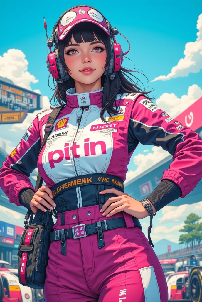 masterpiece, highest quality, high resolution, detailed face,8k,(realistic, photo realistic: 1.3),超詳細な, 美しいレースメカニック女性,"PIT IN"の看板を持ち上げている,プログレッシブ,ビビッドカラー,sf,スチームサイバーパンク,超セクシー:2.0,喜びの表情,ハッピーな,アニメイラストスタイル,フォトリアリスティック,油絵,自然の風景,青空,白い雲,レース場,熱気,