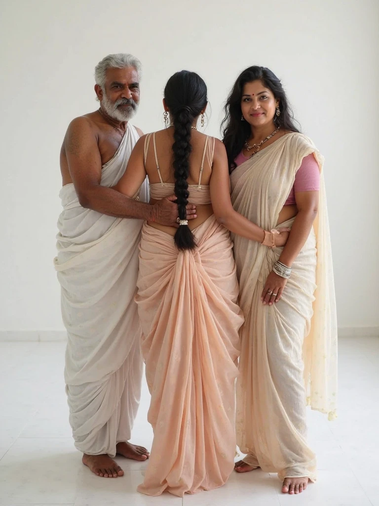 Two hot curvy white milf with long single plaited hairstyle, big breast, big hip, very big ass, thick thighs, perfect body, woman wearing saree, looking at camera, man in middle and two woman, tall man and short woman, in white room, man with short side fade hairstyle, muscular body, beard, looking at camera
